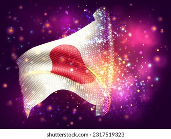 Japón, bandera vectorial 3d sobre fondo púrpura rosa con iluminación y bengalas
