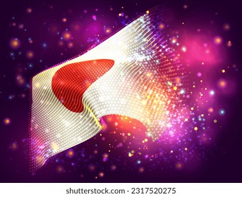 Japan, vector 3d flag on pink purple background with lighting and flares