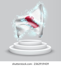 Japan, vector 3d flag on the podium surrounded by a whirlwind of magical radiance