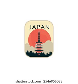 Japan vector badge, flat skyline logo, icon. Vintage horizon landmark emblem with temple, red sun in asian style. Isolated graphic