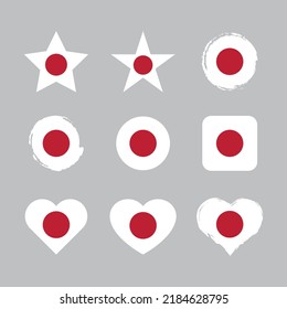 Japan vector circle and heart flag set. Japanese dry brush and grunge effect stamp flags.