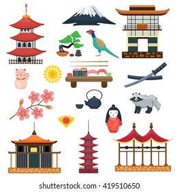 Japan vector collection. Japanese traditional symbols culture. Travel set. Sacura and Fuji, neko maneki and tanuki. Sushi and samurai sword, kizi and kimekomi ningyo. Flat cartoon illustration