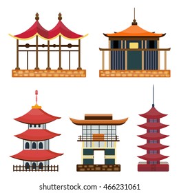 Japan vector collection. Japanese traditional structures of the building. House pagoda set. Flat cartoon illustration
