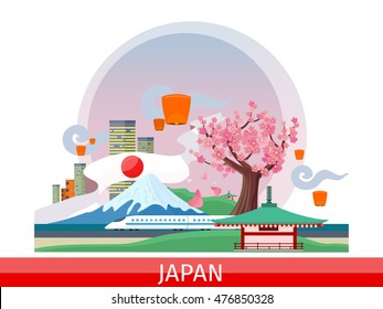 Japan vector concept. Vacation journey in Asia. Illustration with planet surface, city landscape, mount Fuji, lanterns, sakura tree, pagoda, train. Japanese tourist attractions. For travel company ad