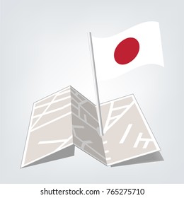 Japan vector flag template. Waving flag of japan on a metallic pole, isolated on a white background,map and check in