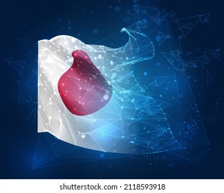 Japón, bandera vectorial, objeto 3D virtual abstracto de polígonos triangulares sobre fondo azul