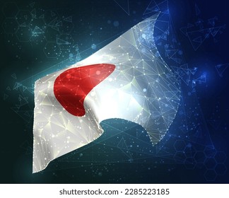Japan, Vektorflagge, virtuelles abstraktes 3D-Objekt aus dreieckigen Polygonen auf blauem Hintergrund