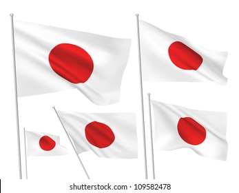 Japan vector flags set. 5 wavy 3D cloth pennants fluttering on the wind. EPS 8 created using gradient meshes isolated on white background. Five fabric flagstaff design elements from world collection