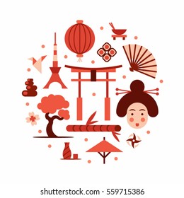 Japón, ilustración plana vectorial, conjunto de iconos, fondo histórico. Bonsai, flor, piedra, diversión, cara de mujer, linterna, comida, bandera, sakura, arma, puerta, sushi, origami, árbol de bambú