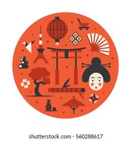 Japan, vector flat illustration, icon set, landmark background. Bonsai, flower, stone, fun, woman face, lantern, food, flag, sakura, weapon, gate, sushi, origami, bamboo tree