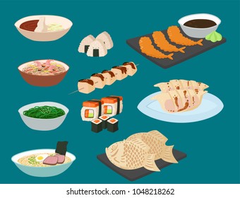 Japan vector food traditional meal cooking culture sushi roll and seafood lunch japanese asian cuisine illustration