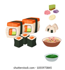 Japan vector food traditional meal cooking culture sushi roll and seafood lunch japanese asian cuisine illustration