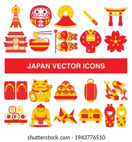 Japan vector icons in flat design style.