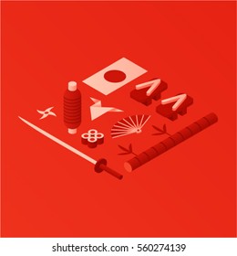 Japan, vector isometric concept illustration, 3d icon set, red background. Landmarks: sword, sushi, lantern, flag, fan, bamboo tree, shoes