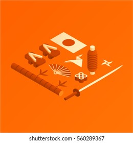 Japan, vector isometric concept illustration, 3d icon set, landmark background. Landmarks: sword, sushi, lantern, flag, fan, bamboo tree, shoes