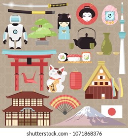 Japan vector japanese culture and architecture or oriental cuisine sushi in Tokyo illustration set of Japanization symbols character robot or geisha doll in kimono isolated on background