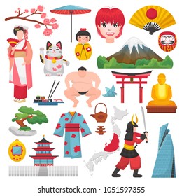Japan vector japanese culture and geisha in kimono with blossom sakura in tokyo illustration set of Japanization symbols sumotori character isolated on white background