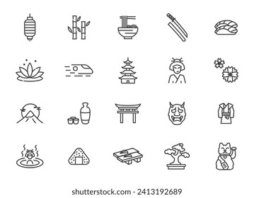 Japan vector line icon set. Japanese culture sushi food samurai ninja design icons.