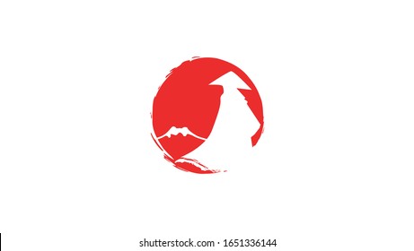 japan vector logo samurai look Fuji Mountain. ninja silhouette in front of flag