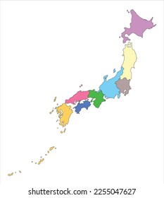 El mapa vectorial de Japón colorido incluye ocho regiones