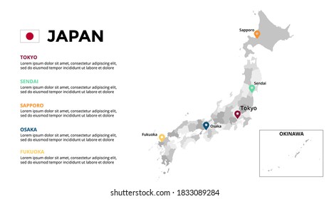 Japan vector map infographic template. Slide presentation. Tokyo, Sendai, Sapporo, Osaka, Fukuoka. Asia country. World transportation geography data. 