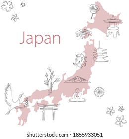 Japan vector map poster with traditional symbols and national signs, for travel and web design. Simple and nice illustration