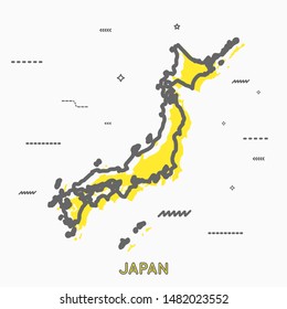 Mapa de Vector de Japón Estilo amarillo de Memphis estilo de línea delgada con figuras geométricas Pequeñas. Mapa de Vector de Japón Thin Line. Japón Nippon Anuncio Mapa Icono Plantilla Diseño. Ilustración vectorial concepto moderno
