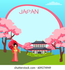 Japan vector poster with oriental elements and oval empty shape for notes. Tag with inscription in center of picture, woman in japanese clothes with umbrella, national building and sakura below