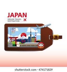 Japan Vector travel destinations icon set, Info graphic elements for traveling to Japan.  Luggage tag concept vector.