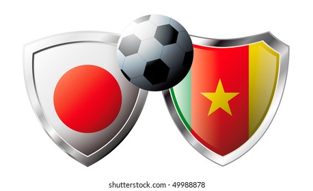 Japan versus Cameroon abstract vector illustration isolated on white background. Shiny football shield of flag Japan versus Cameroon