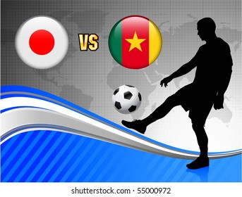 Japan versus Cameroon on Blue Abstract World Map Background Original Illustration