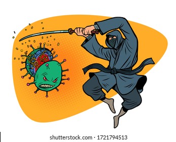 Japan victory in the epidemic of the coronavirus covid19. Ninja cuts the virus with a katana sword. Comics caricature pop art retro illustration drawing