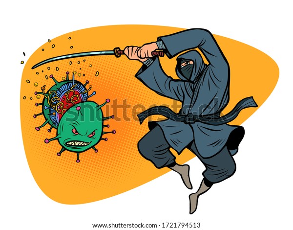 コロナウイルスのまん延での日本の勝利19 忍者は刀でウイルスを切る レトロなイラストを描いた漫画風のポップアート のベクター画像素材 ロイヤリティフリー