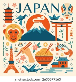 Japan vintage travel poster with japanese traditional symbols, food, national animals, architectural landmarks. Design card with cultural icons as Mount Fuji, kabuki mask, origami and cherry blossom.