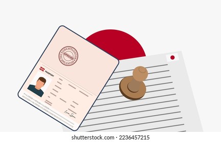 Japan visa, open stamped passport with visa approved document for border crossing. Immigration visa concept. Background with Japan flag. vector illustration