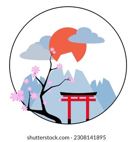 Japan volcano and sakura tree logo. Snow mountain in circle for logo.