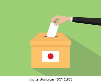 japan vote election concept illustration with people voter hand gives votes insert to boxes election with long shadow flat style