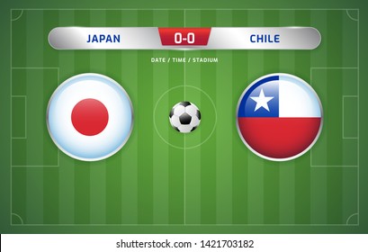 Japan vs Chile scoreboard broadcast template for sport soccer south america's tournament 2019 group C and football championship vector illustration