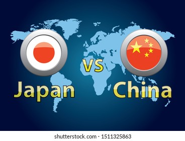 Japan vs China. Opposition. Flags of Japan and China on the background of the world map.