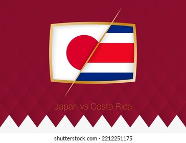 Japan vs Costa Rica, group stage icon of football competition on burgundy background. Vector icon.