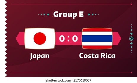 japan vs costa rica match. Football 2022 world championship match versus teams on soccer field. Intro sport background, championship competition final poster, flat style vector illustration