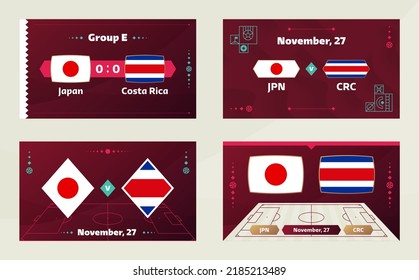 japan vs costa rica match. Football 2022 world championship match versus teams on soccer field. Intro sport background, championship competition final poster, flat style vector illustration