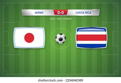 Japan vs Costa Rica scoreboard broadcast template for sport soccer tournament and football championship 2022 in qatar vector illustration