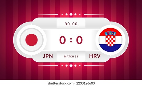 Japan vs Croatia Match Design Element. Flag icons isolated on stylized red striped background. Football Championship Competition Infographics. Announcement, Game Score, Scoreboard Template. Vector