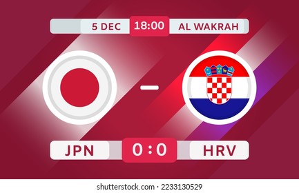 Japan vs Croatia Match Design Element. Flags Icons with transparency isolated on red background. Football Championship Competition Infographics. Announcement, Game Score, Scoreboard Template. Vector