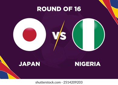 Japón vs Nigeria, en la competencia de fútbol banderas rivales de ambos Equipos con forma de fútbol. Aislar con color púrpura y fútbol. Archivo EPS editable. JAPÓN VS NIG partido de fútbol. Ronda de 16.