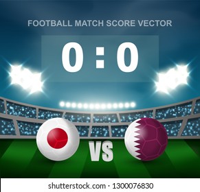 Japan vs Qatar soccer ball in flag design on stadium background with suppoter fan  for Asian football final match in vector illustration