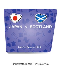 Japan vs Scotland, Women world football match 2019 with purple background, French pattern with modern and traditional elements, Vector illustration