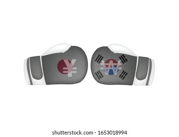 Japan VS South korea Trade war, janese yen and South korean won on Boxing gloves with Japan and South korea flag, Economic conflict concept, sign symbol background, vector illustration.
