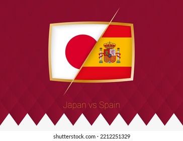 Japan vs Spain, group stage icon of football competition on burgundy background. Vector icon.